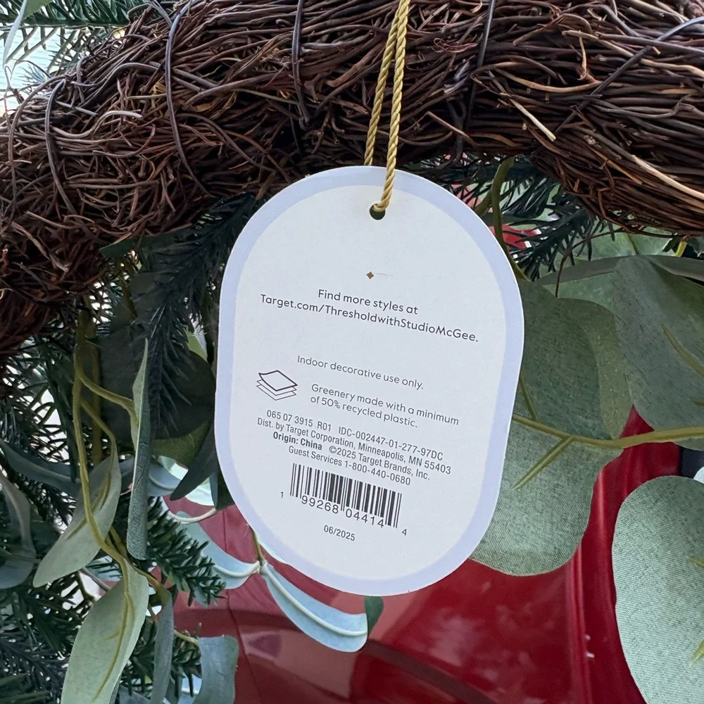 STUDIO MCGEE NWT faux olive, eucalyptus, pine wreath w/ velvet bow -26”